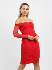 Polka Dot Ruched Mesh Bardot Dress