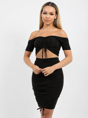 Slinky Ruched Bardot Crop Top & Skirt Coord