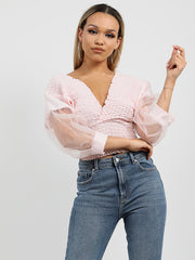 Shirred Organza Sleeve Plunge Top
