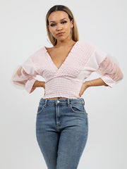 Shirred Organza Sleeve Plunge Top