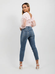 Shirred Organza Sleeve Plunge Top