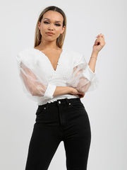 Shirred Organza Sleeve Plunge Top
