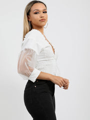 Shirred Organza Sleeve Plunge Top