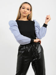 Striped Puff Sleeves Ribbed Top
