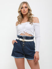 Ruched Frill Ribbed Bardot Crop Top