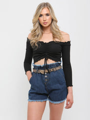 Ruched Frill Ribbed Bardot Crop Top