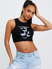 California Butterfly grafische geribbelde vest crop top
