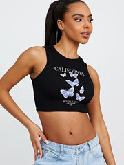 California Butterfly grafische geribbelde vest crop top