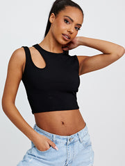 Knip schouder geribbelde crop top