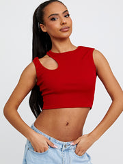 Knip schouder geribbelde crop top