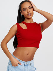 Knip schouder geribbelde crop top