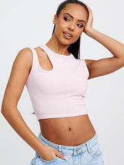 Knip schouder geribbelde crop top