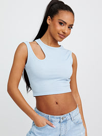Cut Out Shoulder Ribbed Crop Top - Blue
