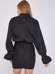 Puff Detail Ruched Fleece Dress