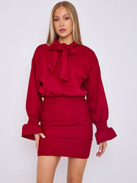 Puff Detail Ruched Fleece Dress - Wine