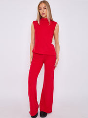 Woven Knit Asymmetric High Neck Sleeveless Top & Flared Trouser Co-ord