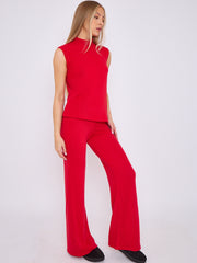 Woven Knit Asymmetric High Neck Sleeveless Top & Flared Trouser Co-ord
