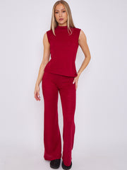 Woven Knit Asymmetric High Neck Sleeveless Top & Flared Trouser Co-ord