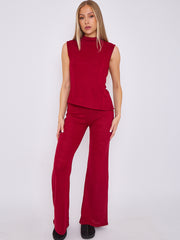 Woven Knit Asymmetric High Neck Sleeveless Top & Flared Trouser Co-ord