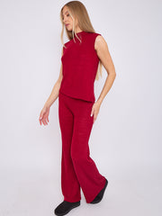 Woven Knit Asymmetric High Neck Sleeveless Top & Flared Trouser Co-ord