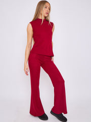 Woven Knit Asymmetric High Neck Sleeveless Top & Flared Trouser Co-ord