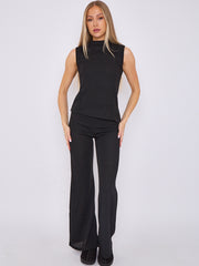 Woven Knit Asymmetric High Neck Sleeveless Top & Flared Trouser Co-ord