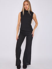 Woven Knit Asymmetric High Neck Sleeveless Top & Flared Trouser Co-ord