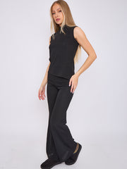 Woven Knit Asymmetric High Neck Sleeveless Top & Flared Trouser Co-ord