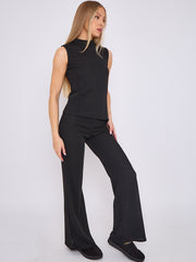 Woven Knit Asymmetric High Neck Sleeveless Top & Flared Trouser Co-ord