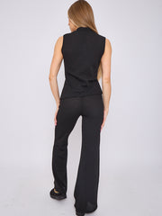Woven Knit Asymmetric High Neck Sleeveless Top & Flared Trouser Co-ord