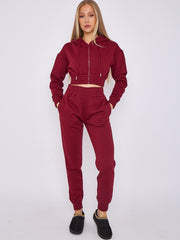 Zip Up Cropped Hoodie & Jogger Fleece Tracksuit
