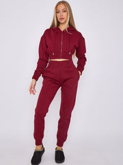 Zip Up Cropped Hoodie & Jogger Fleece Tracksuit
