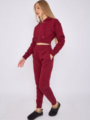 Zip Up Cropped Hoodie & Jogger Fleece Tracksuit