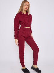 Zip Up Cropped Hoodie & Jogger Fleece Tracksuit