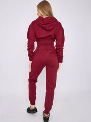Zip Up Cropped Hoodie & Jogger Fleece Tracksuit
