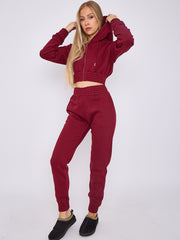 Zip Up Cropped Hoodie & Jogger Fleece Tracksuit