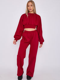 Long Sleeve Crop Top & Wide Leg Trouser Fleece Co-ord - Wine