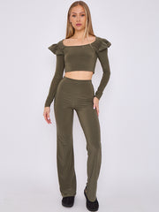 Frill Shoulder Slinky Crop Top & Wide Leg Trouser Co-ord