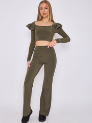 Frill Shoulder Slinky Crop Top & Wide Leg Trouser Co-ord