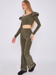 Frill Shoulder Slinky Crop Top & Wide Leg Trouser Co-ord