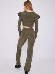 Frill Shoulder Slinky Crop Top & Wide Leg Trouser Co-ord
