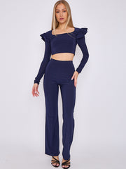 Frill Shoulder Slinky Crop Top & Wide Leg Trouser Co-ord