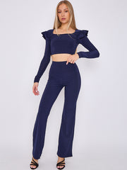 Frill Shoulder Slinky Crop Top & Wide Leg Trouser Co-ord