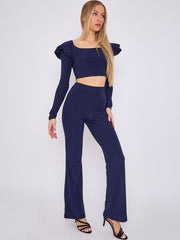 Frill Shoulder Slinky Crop Top & Wide Leg Trouser Co-ord