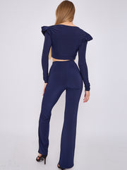 Frill Shoulder Slinky Crop Top & Wide Leg Trouser Co-ord
