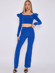 Frill Shoulder Slinky Crop Top & Wide Leg Trouser Co-ord