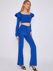 Frill Shoulder Slinky Crop Top & Wide Leg Trouser Co-ord
