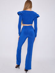 Frill Shoulder Slinky Crop Top & Wide Leg Trouser Co-ord