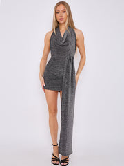 Lurex Halfter Cowl Hals geraumeltes Kleid mit drapierten Details