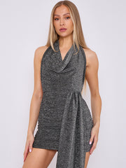 Lurex Halfter Cowl Hals geraumeltes Kleid mit drapierten Details